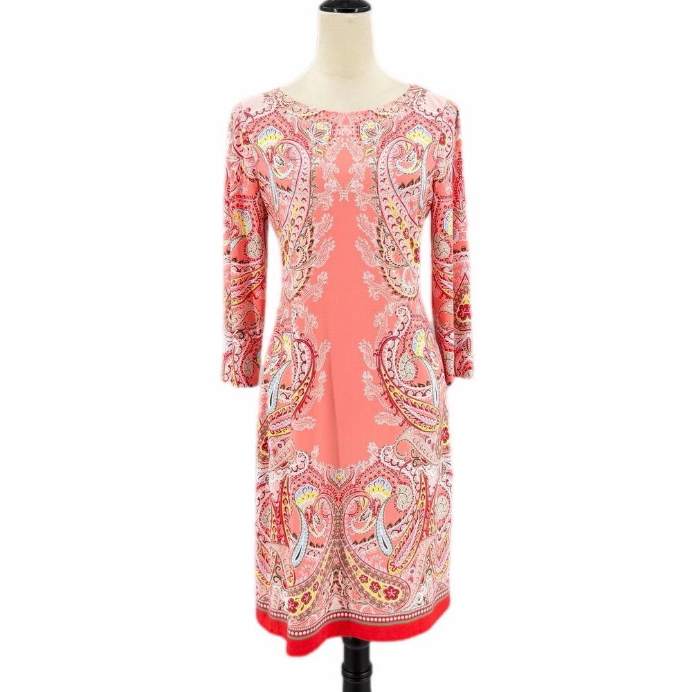 London Times Coral Peach Paisley Sophisticated Colorful Classy Jersey Mini Dress